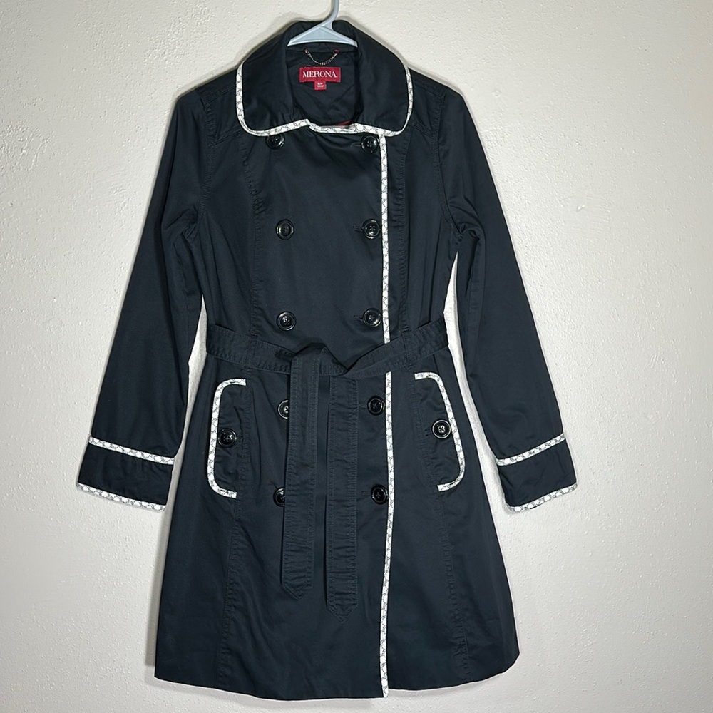 Merona Pea Coat Small Black White Cotton Double Breast